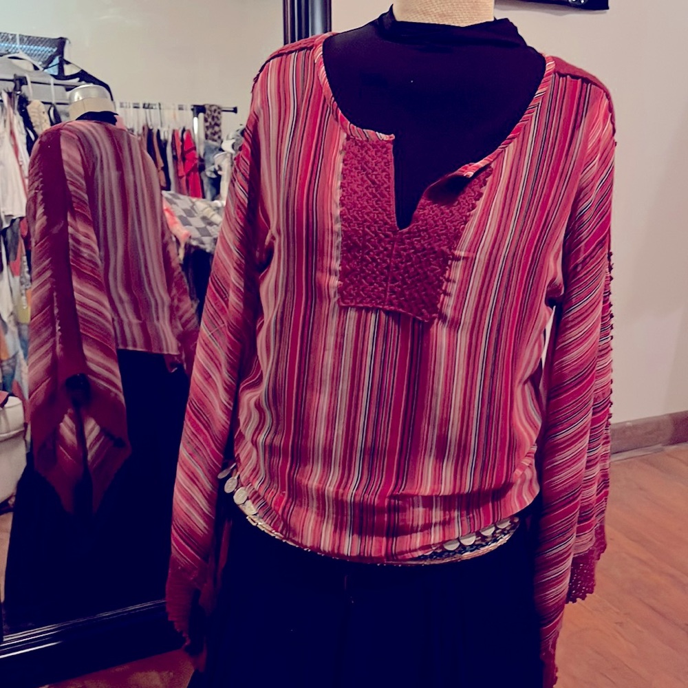 red embroidered, BoHo bell sleeve top by “she’s cool” small  never worn